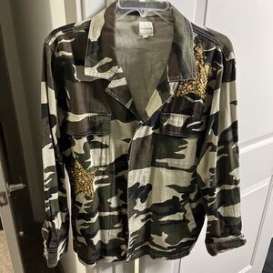Ellison Glam Fighter Camouflage Jacket Gold Stars Size Large Trendy